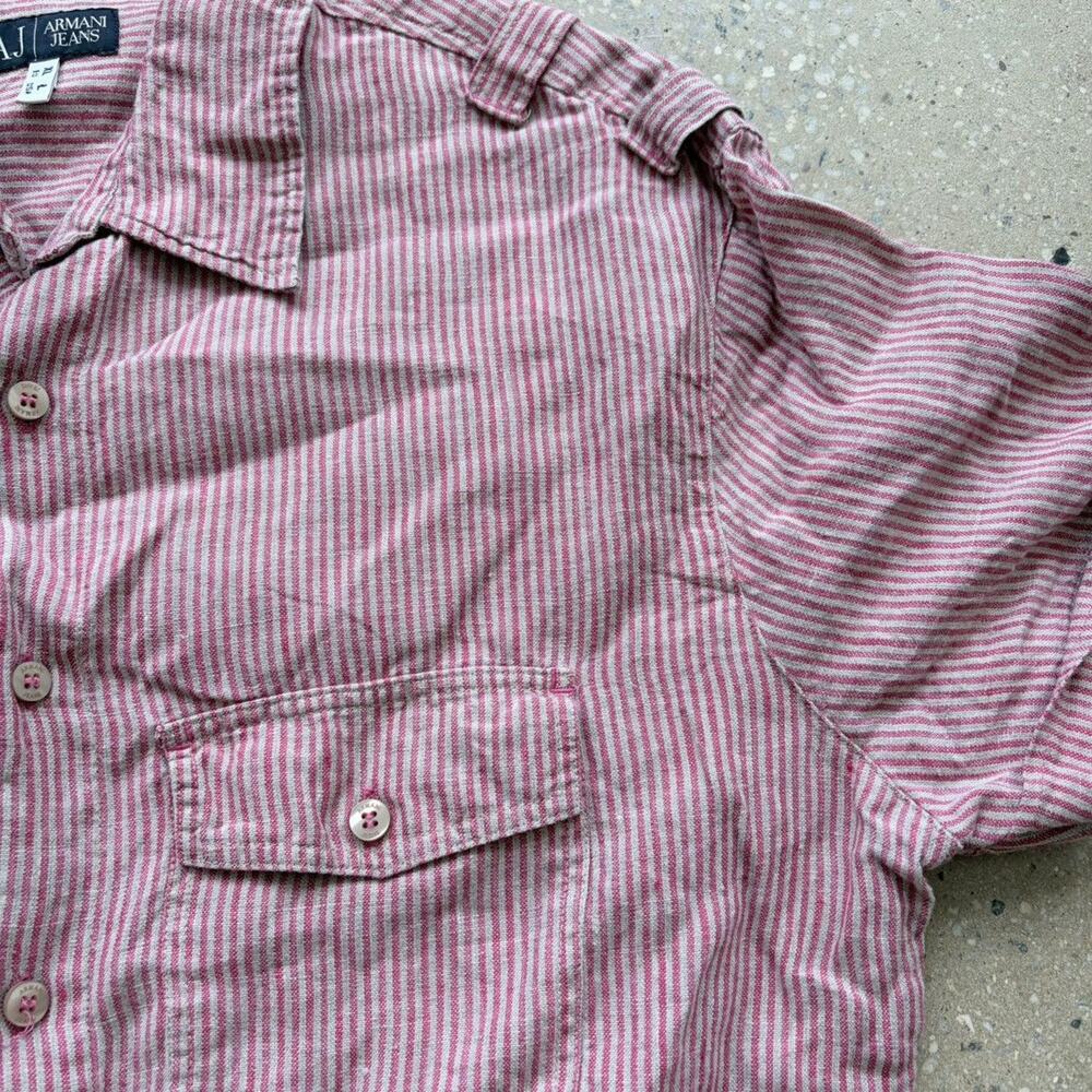 Vintage 90s Armani Jeans Pink Striped Linen Shirt - Gem
